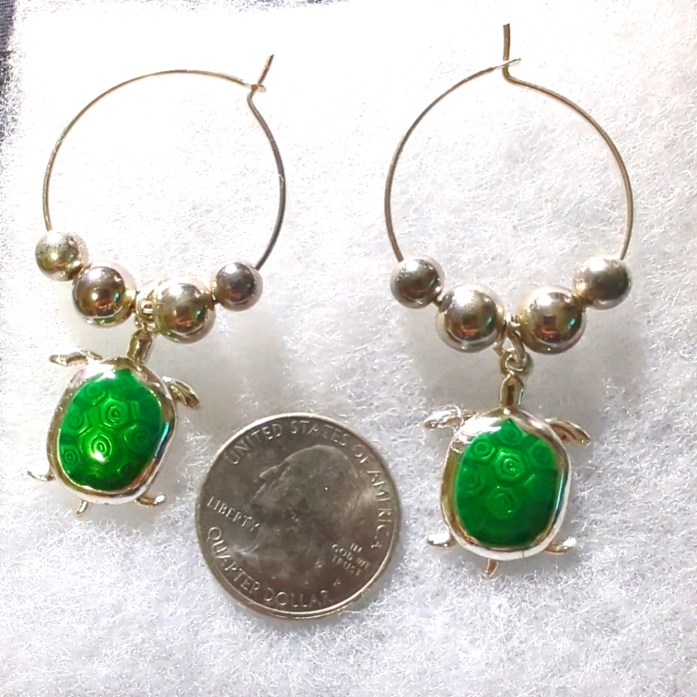 Sterling Silver .925 Sea Turtle Ocean Drop Hoop Earrings with Beads Vintage